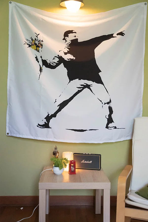 Banksy: Flower Thrower Tapestry - Decorium Tapestries